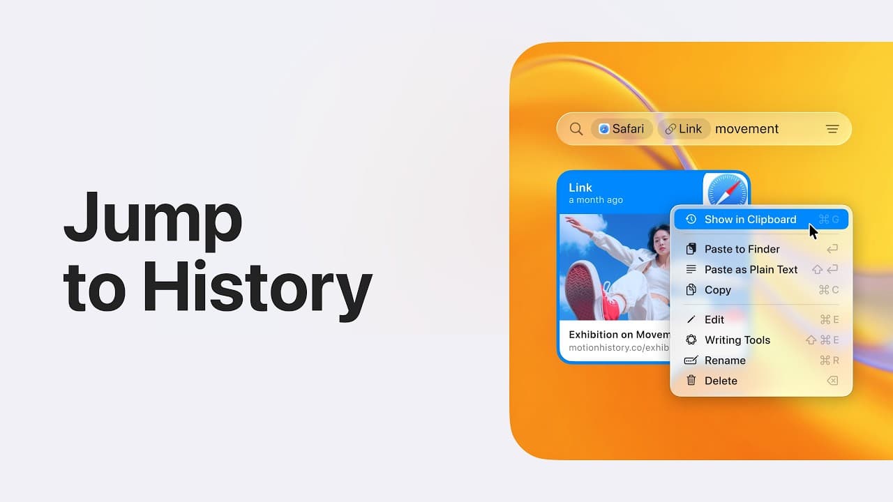 Jump to History: Go from search results to the original item in your clipboard or pinboards