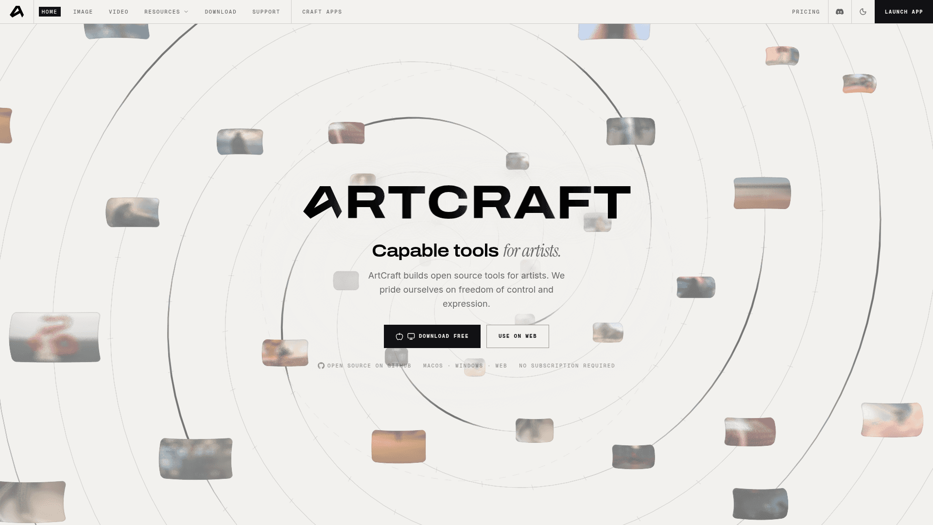 ArtCraft homepage with Download free and Use on web buttons