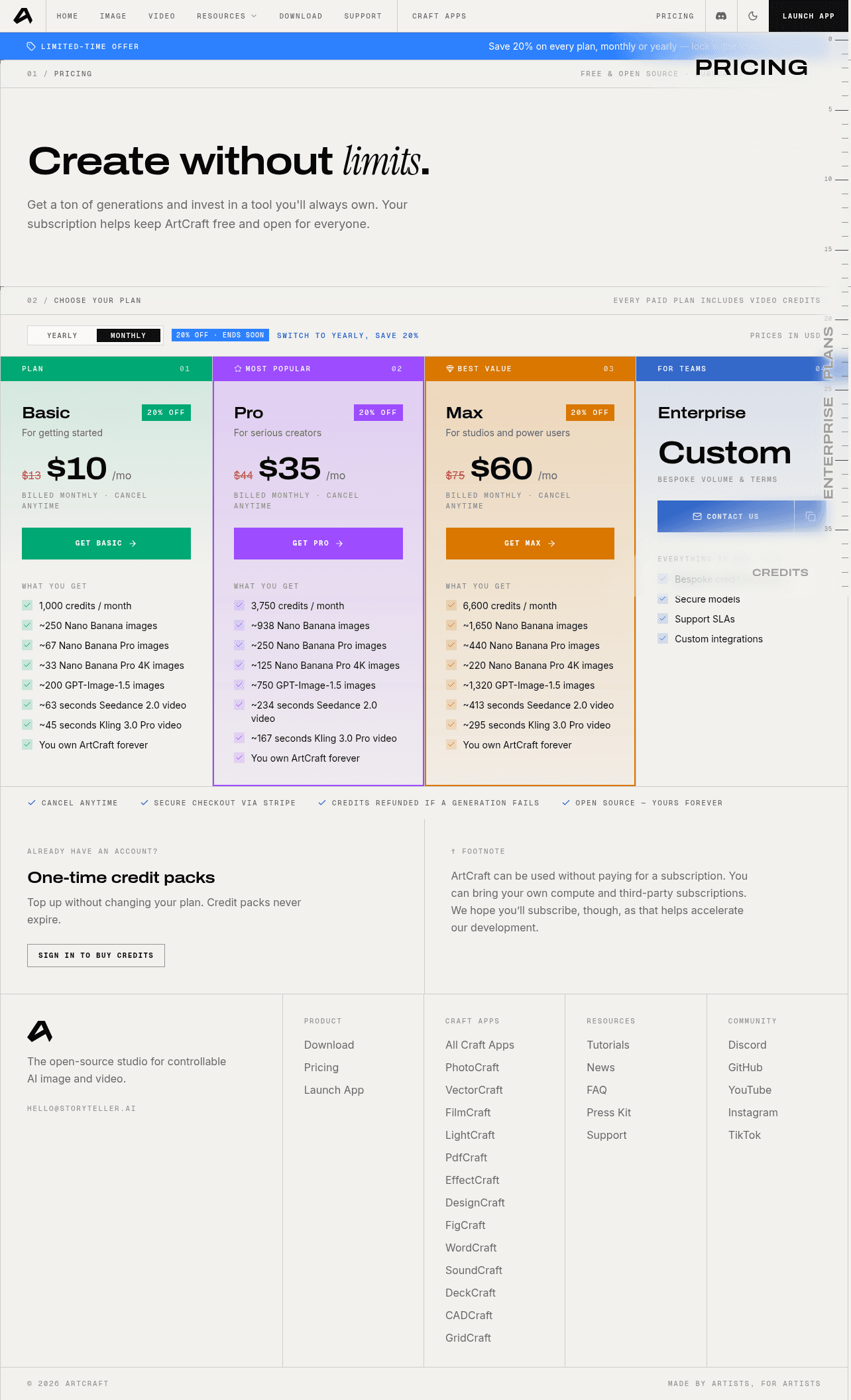ArtCraft pricing with monthly billing selected