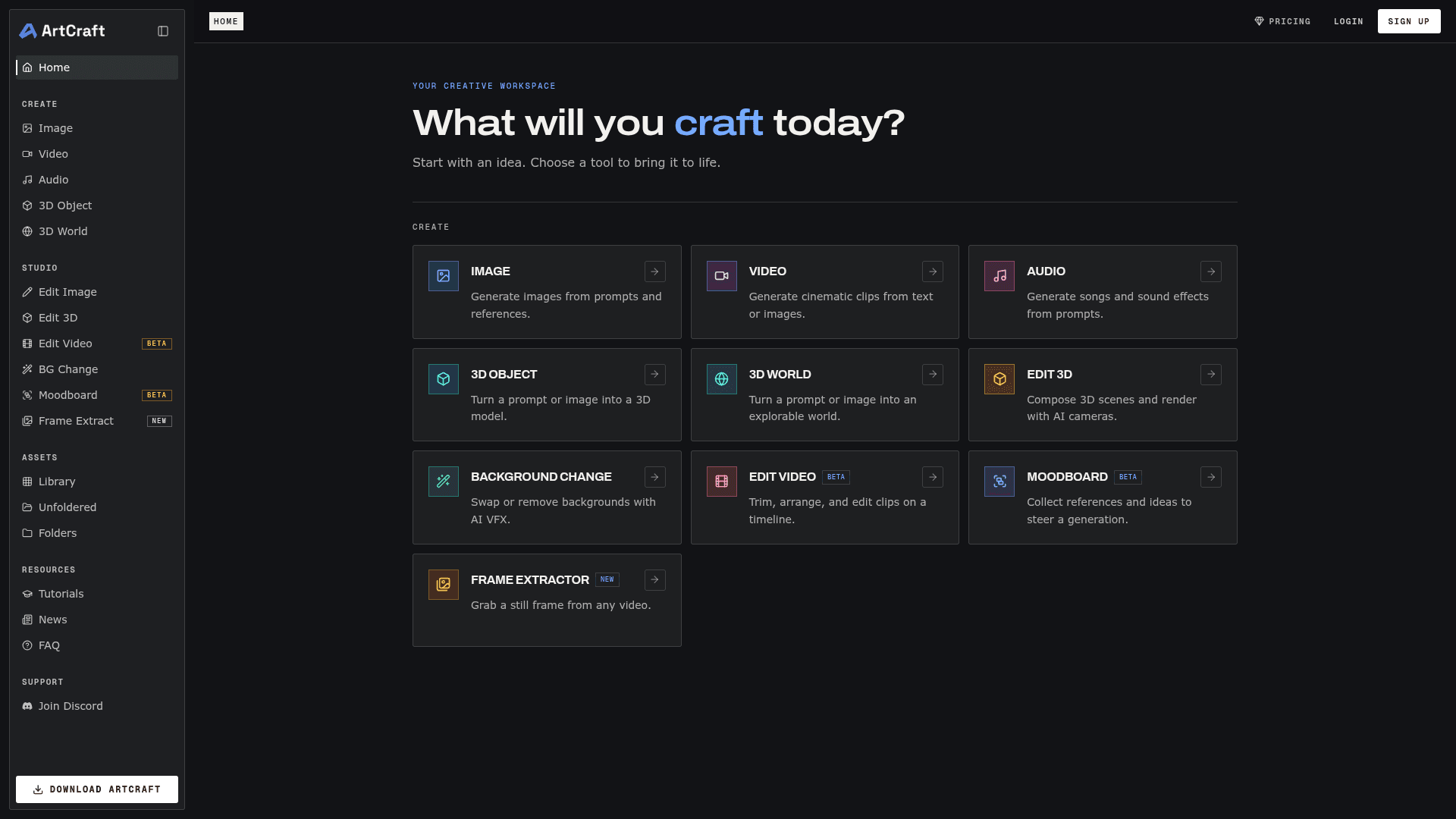 ArtCraft web studio home with Image, Video, Audio, 3D Object and 3D World tools