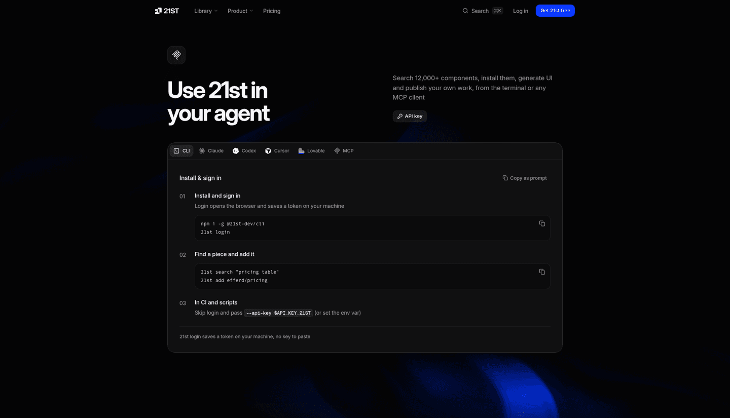 21st MCP setup page with the headline Use 21st in your agent
