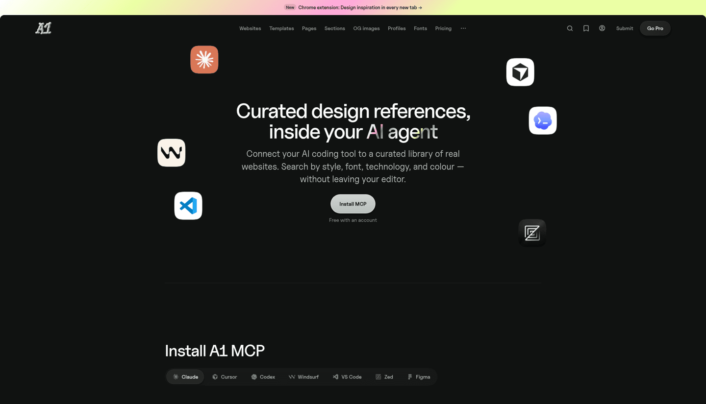 A1 Gallery MCP page: Curated design references, inside your AI agent