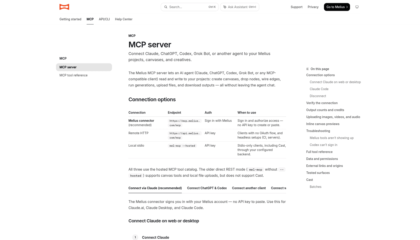 Melius MCP server docs with connection options