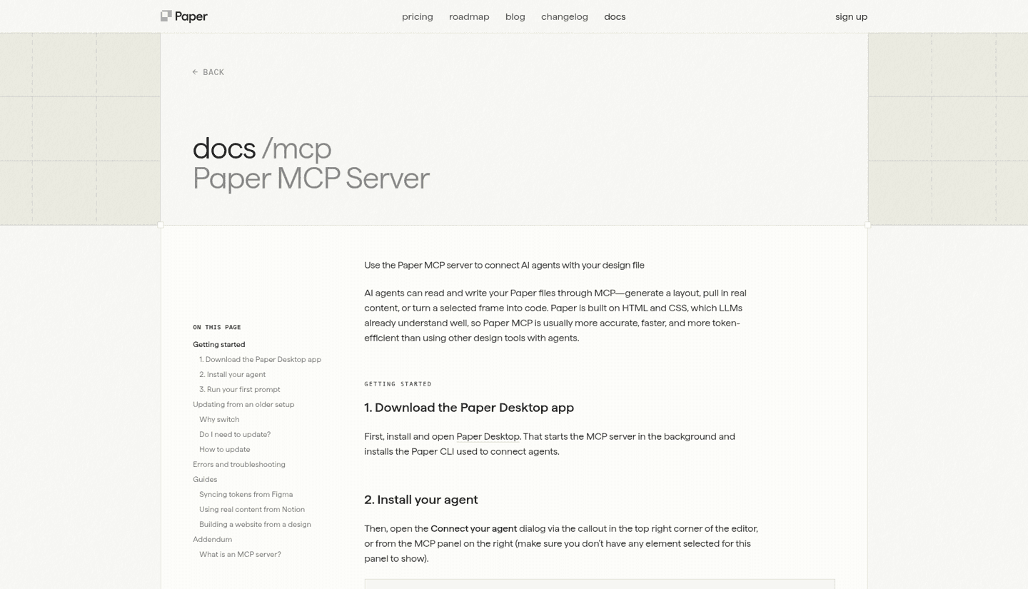 Paper MCP server docs page at paper.design