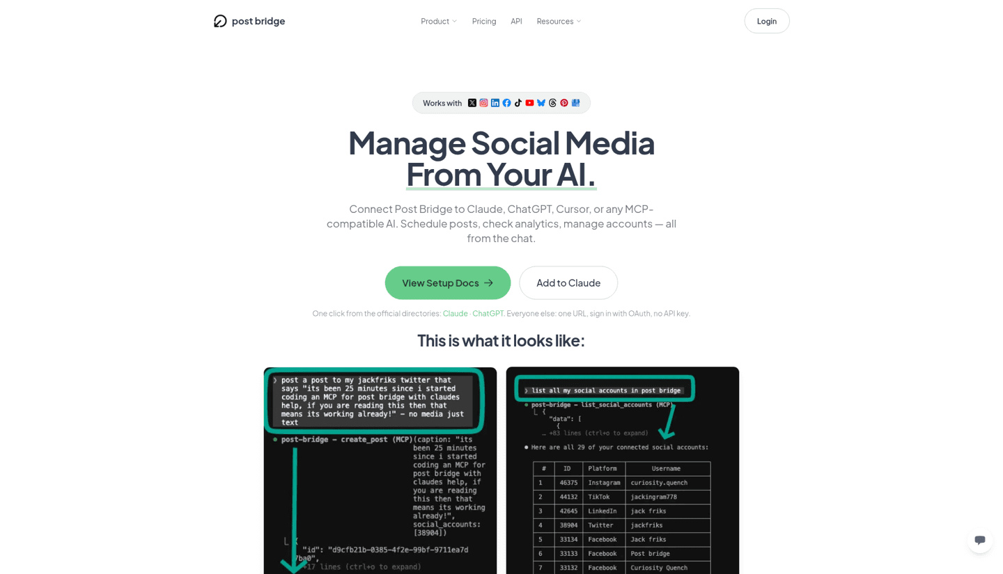 Post Bridge page: Manage Social Media From Your AI