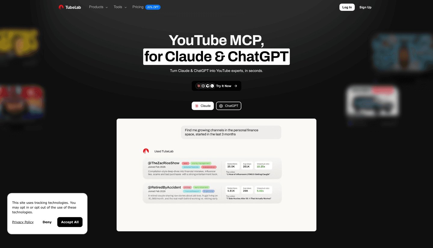 TubeLab YouTube MCP for Claude and ChatGPT page