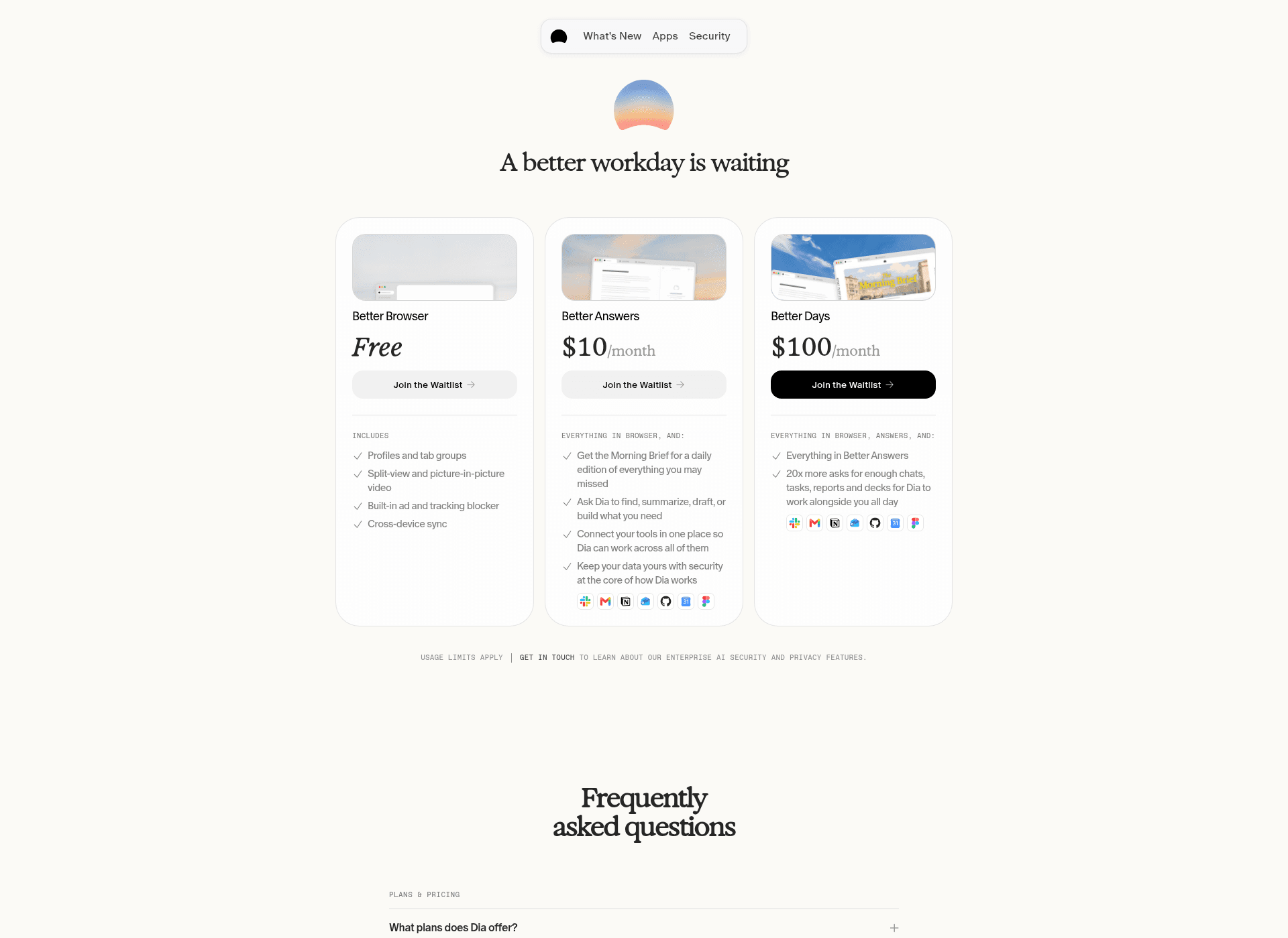 Dia's plans page showing Better Browser free, Better Answers at $10 a month and Better Days at $100 a month