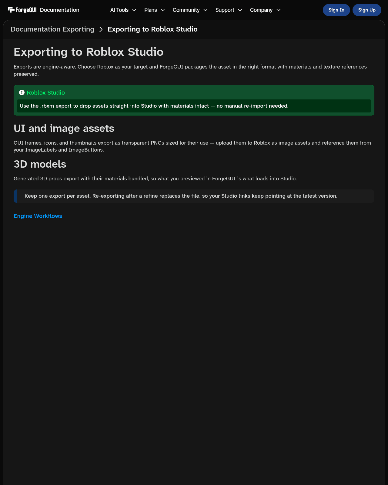 ForgeGUI docs page for exporting to Roblox Studio