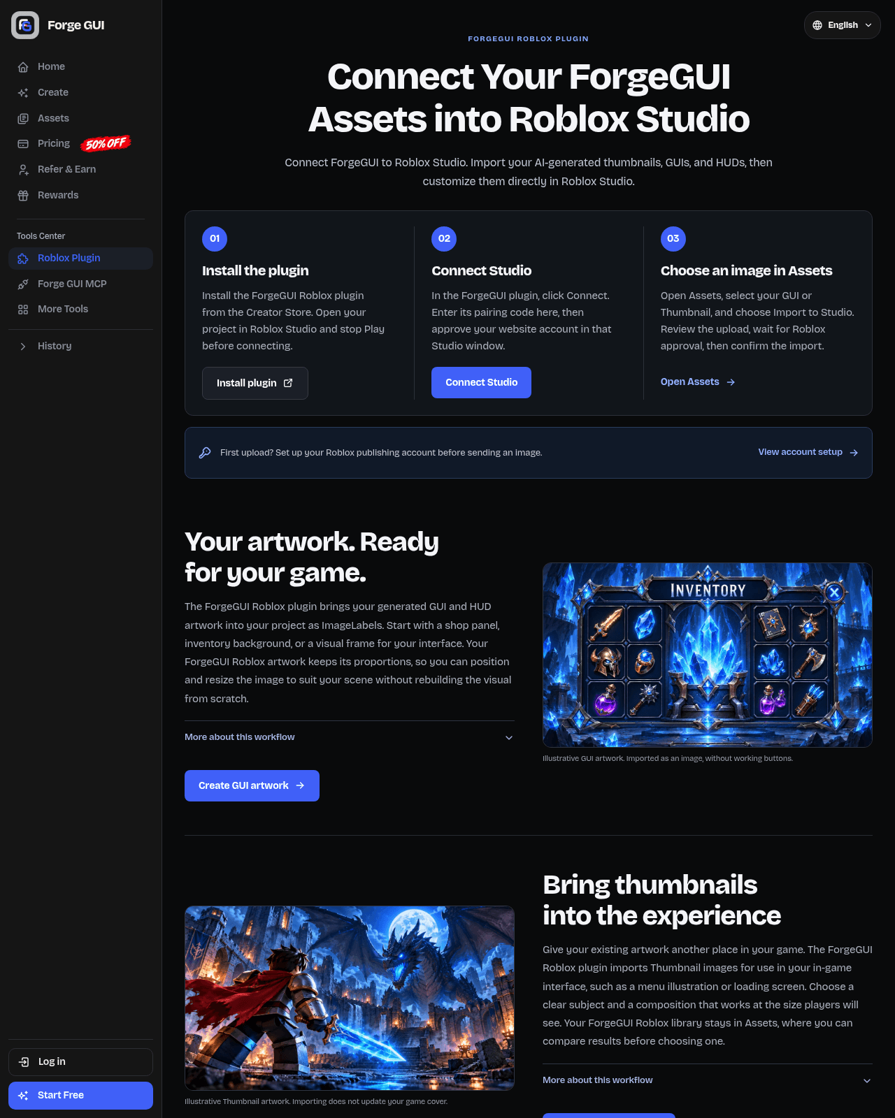 ForgeGUI's plugin page showing the install, connect and import steps
