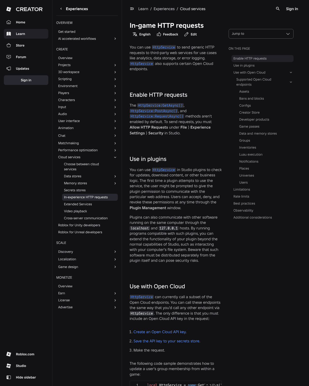 Roblox Creator Docs page on in-game HTTP requests and plugin permissions
