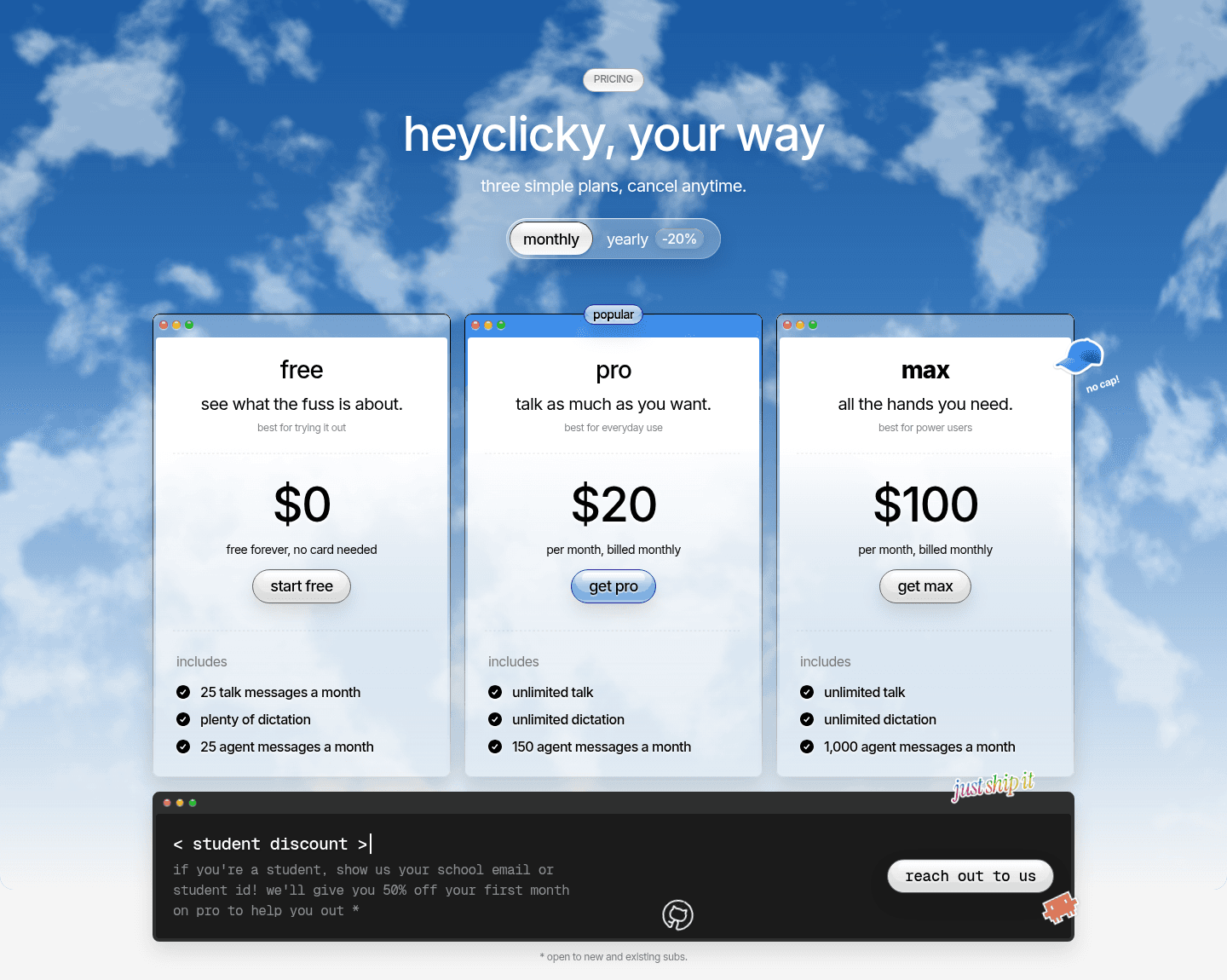 heyclicky pricing with monthly billing selected