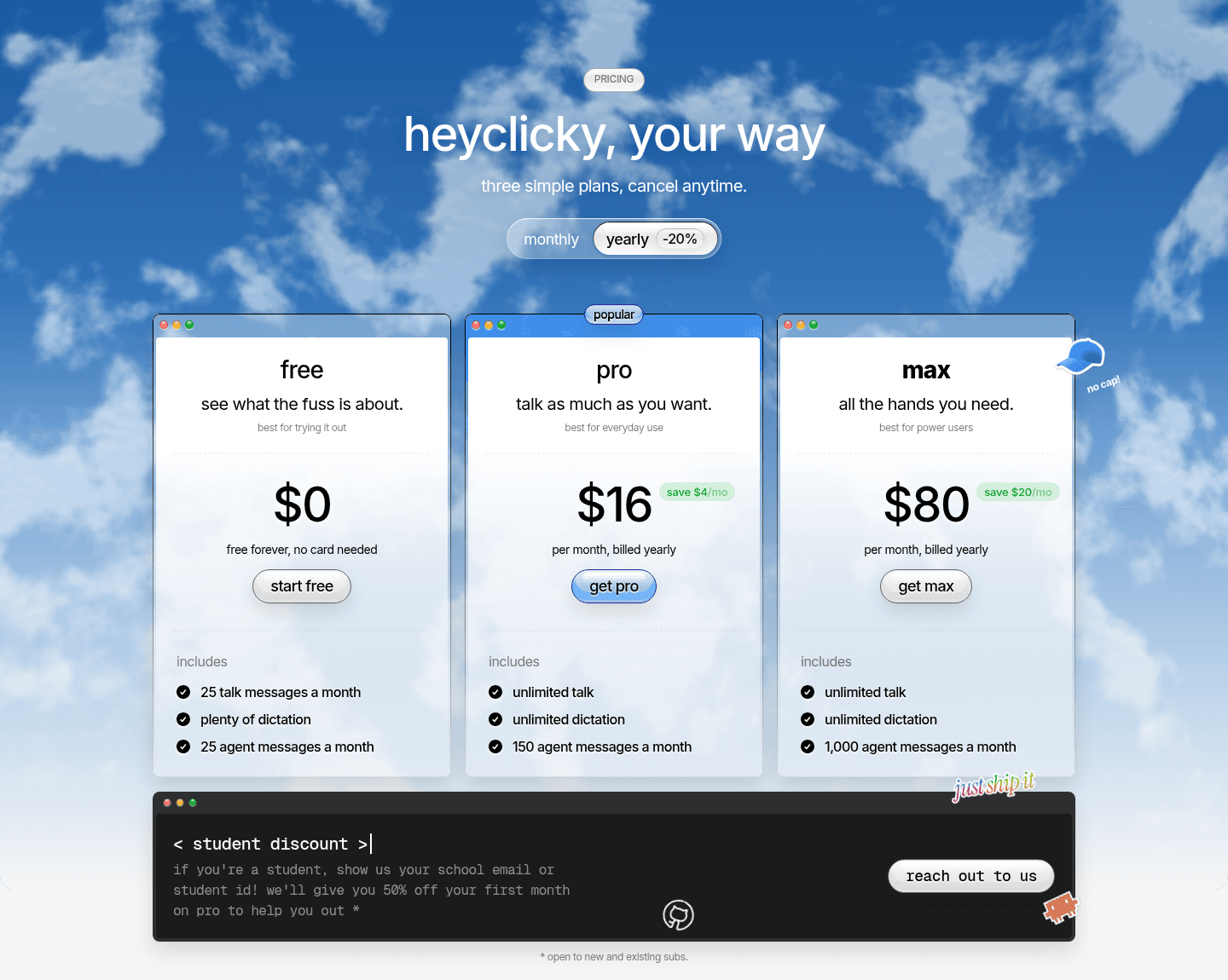 heyclicky pricing with yearly billing selected