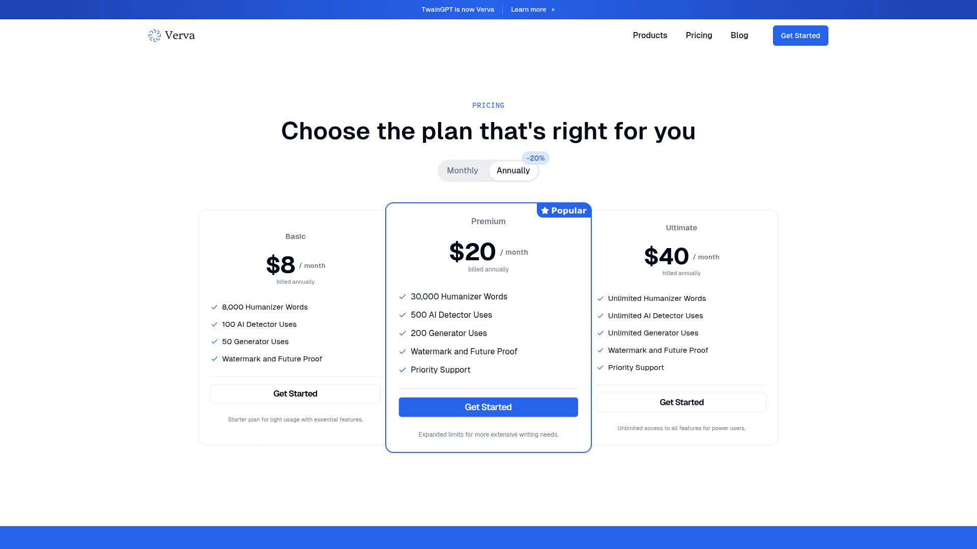 Verva pricing page with annual billing selected