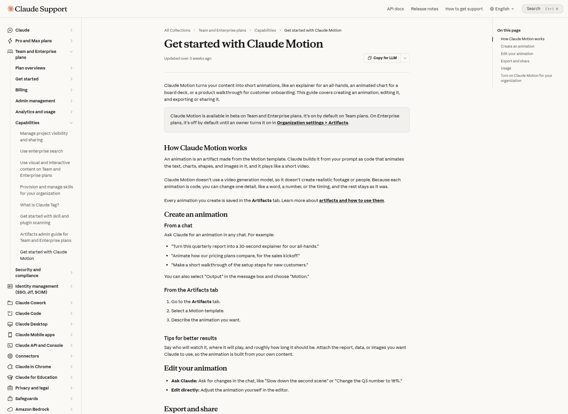 Claude Help Center page explaining Claude Motion is in beta on Team and Enterprise plans