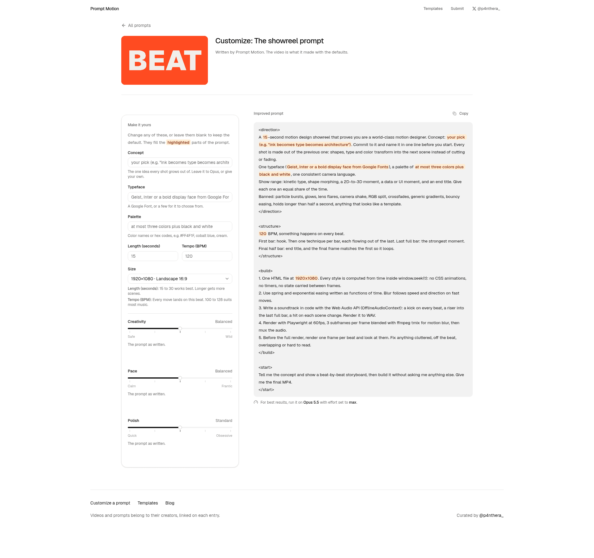 Prompt Motion customize page for the showreel prompt with Concept, Typeface, Palette, Length and Tempo fields