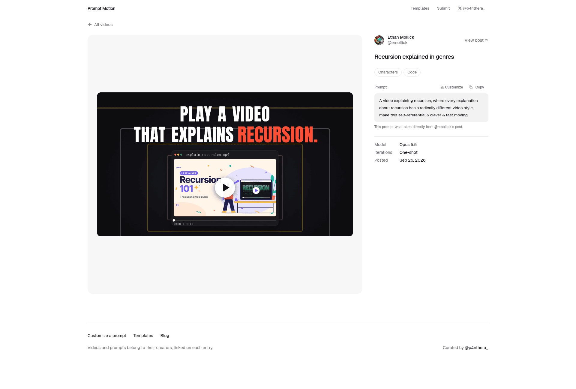 A Prompt Motion entry page with the video, prompt, Copy and Customize buttons, model and iterations