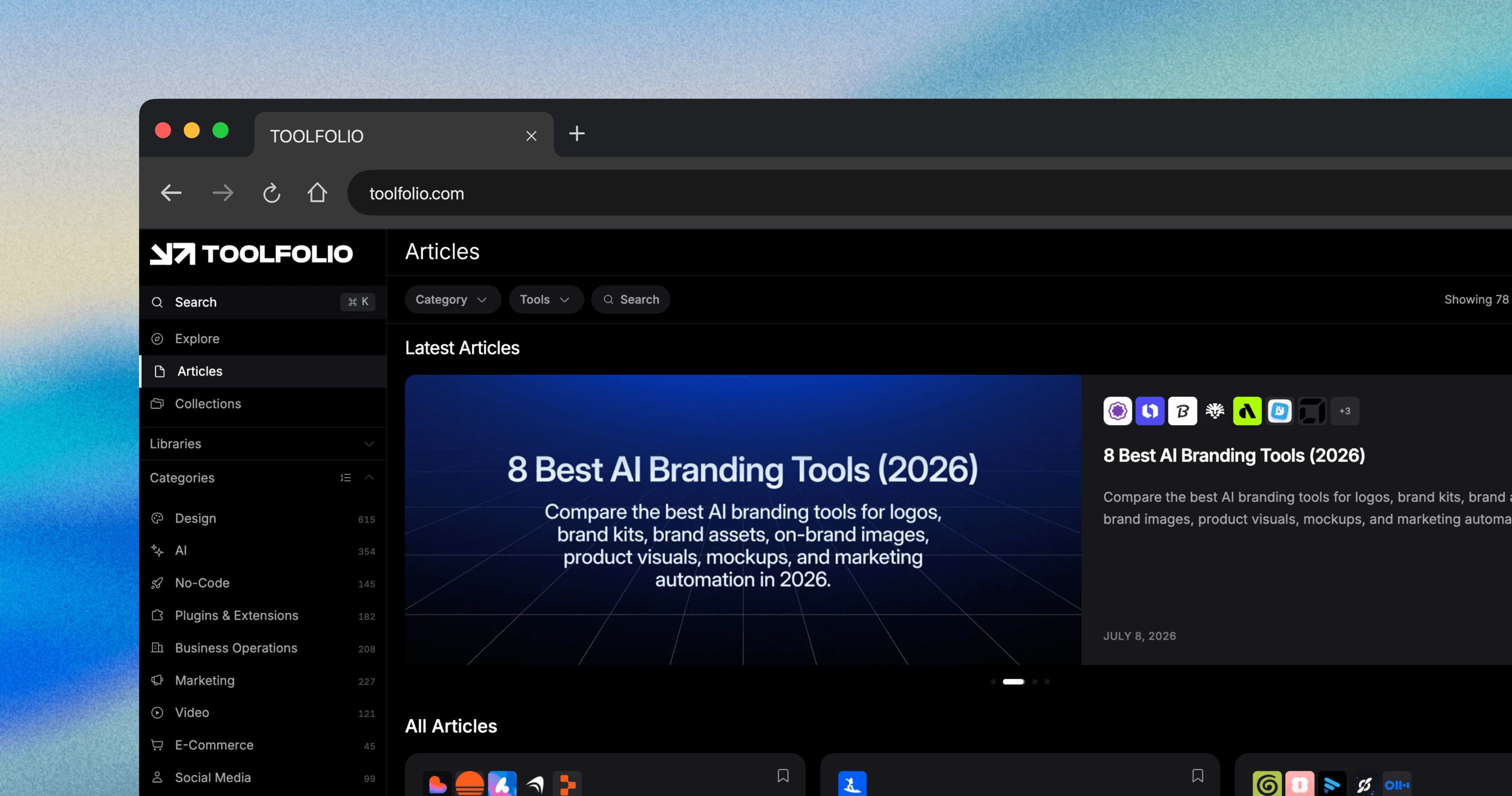 Toolfolio website presented in a dark browser mockup with a textured blue background, created with Shotbase