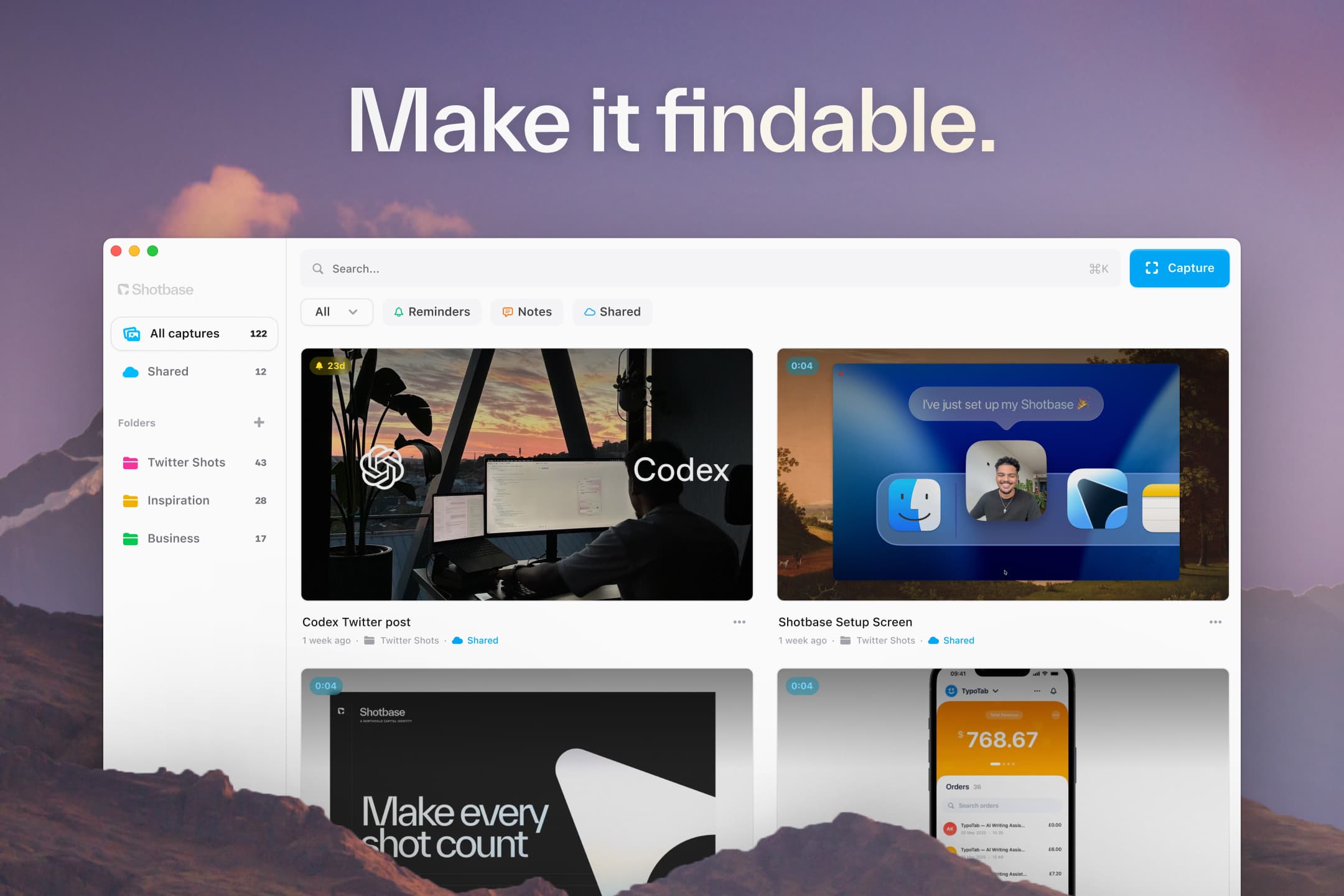 Shotbase capture library showing screenshot and recording thumbnails, folders, search, and shared items