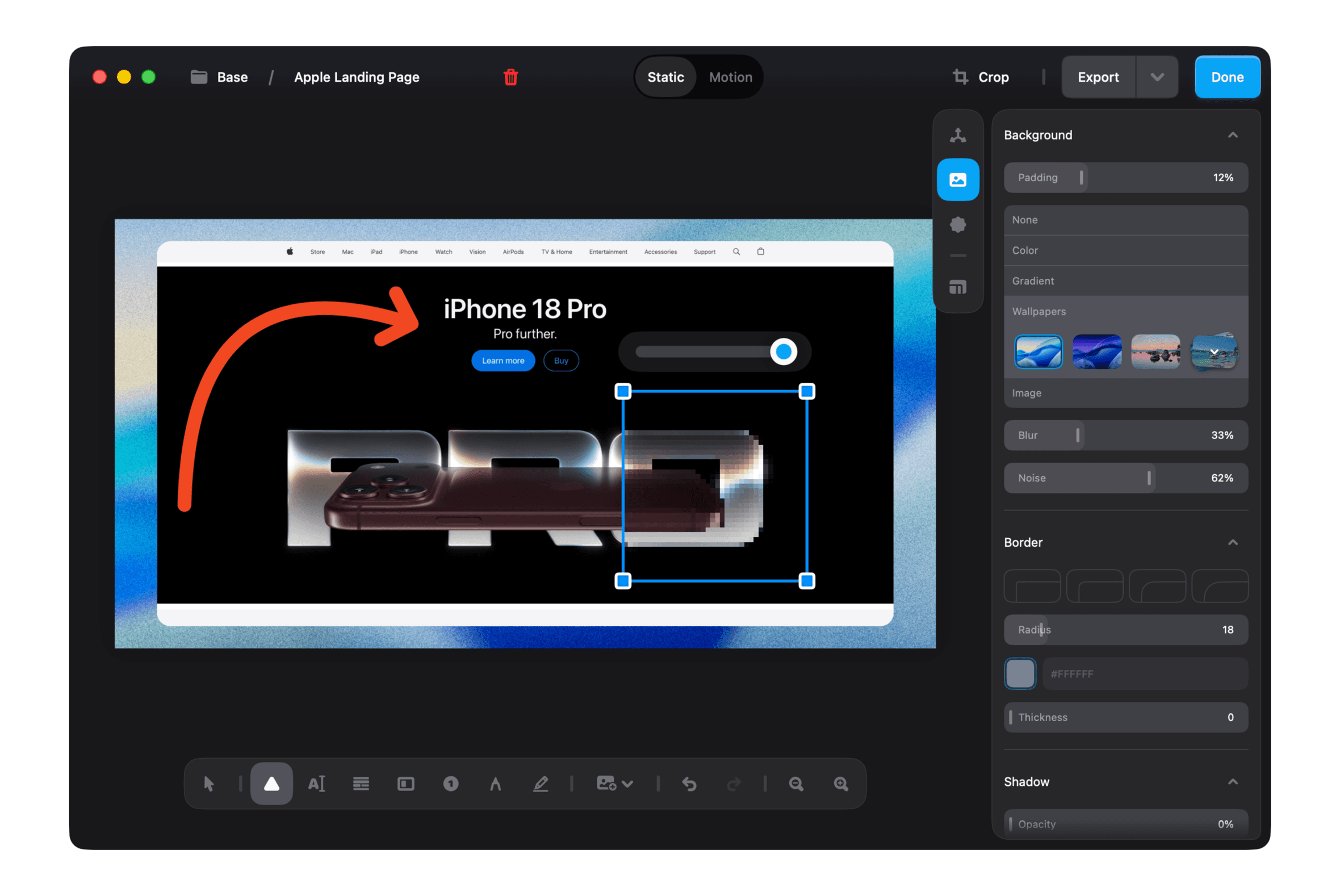 Shotbase screenshot editor showing an arrow annotation, pixelated area, and background and border controls