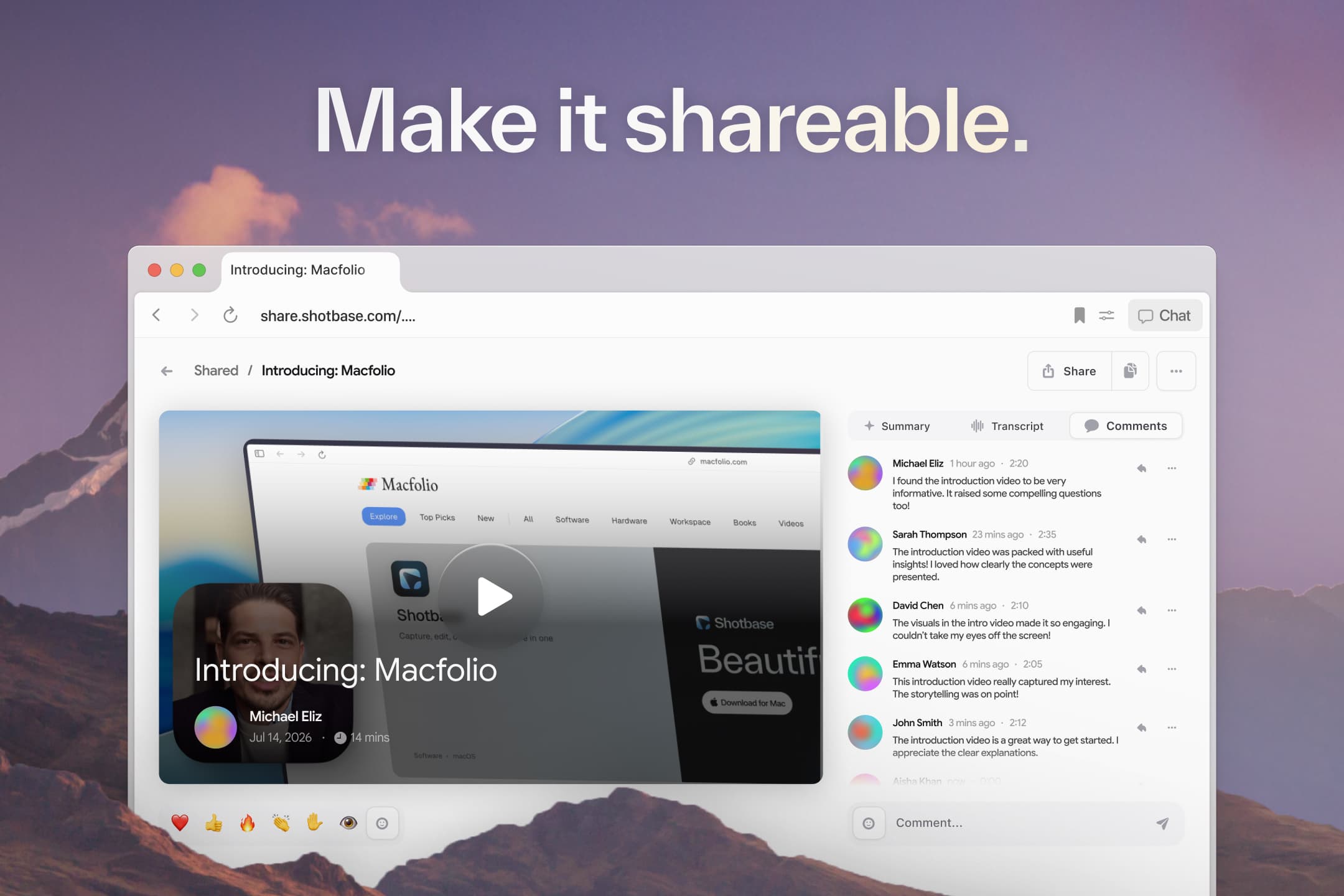 Shotbase shared recording page with a video player and a comments panel in the browser