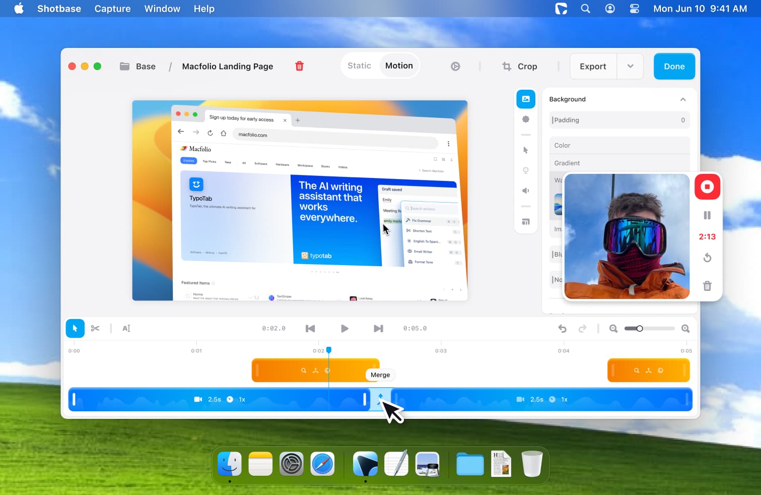 Shotbase video editor showing a recording timeline, motion effects, and a webcam overlay