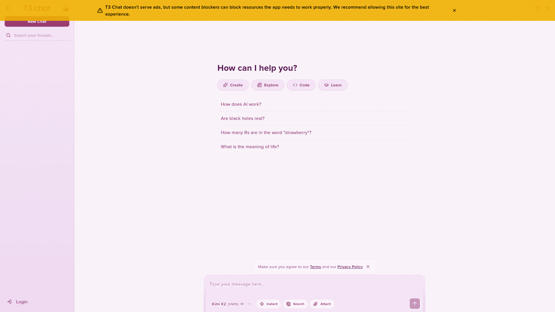 T3 Chat homepage with the temporary chat box and model picker