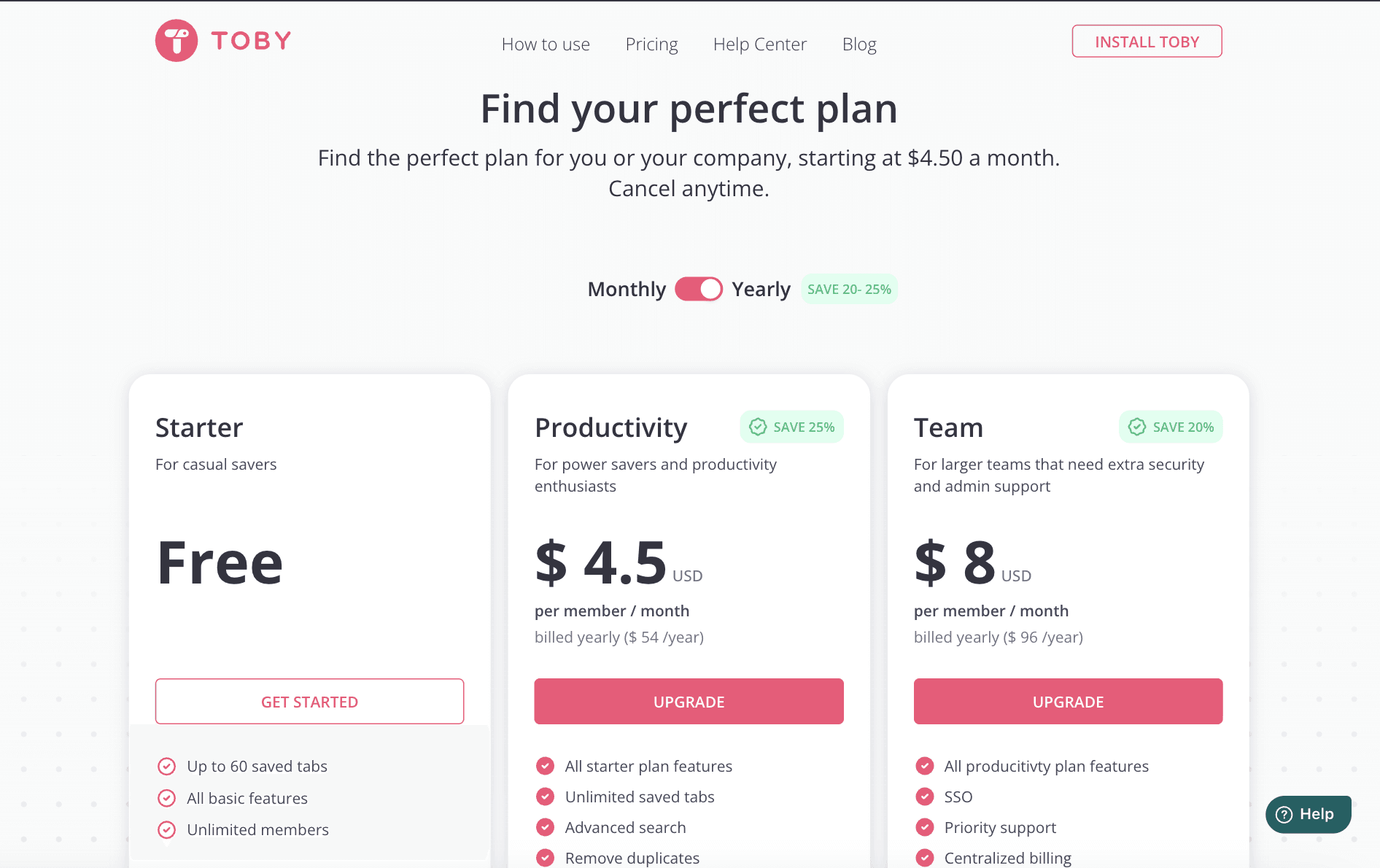 Toby pricing