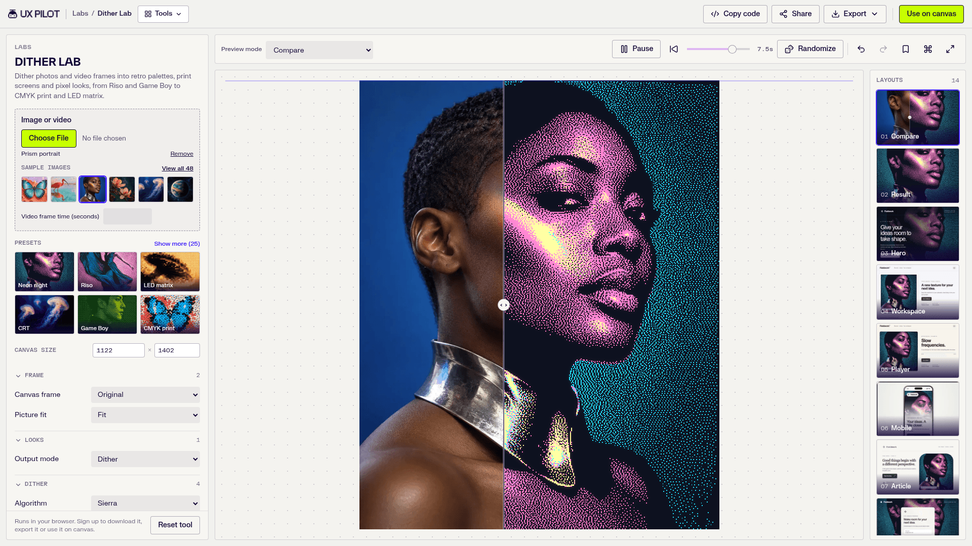 Dither Lab in Compare mode, original photo left and dithered result right