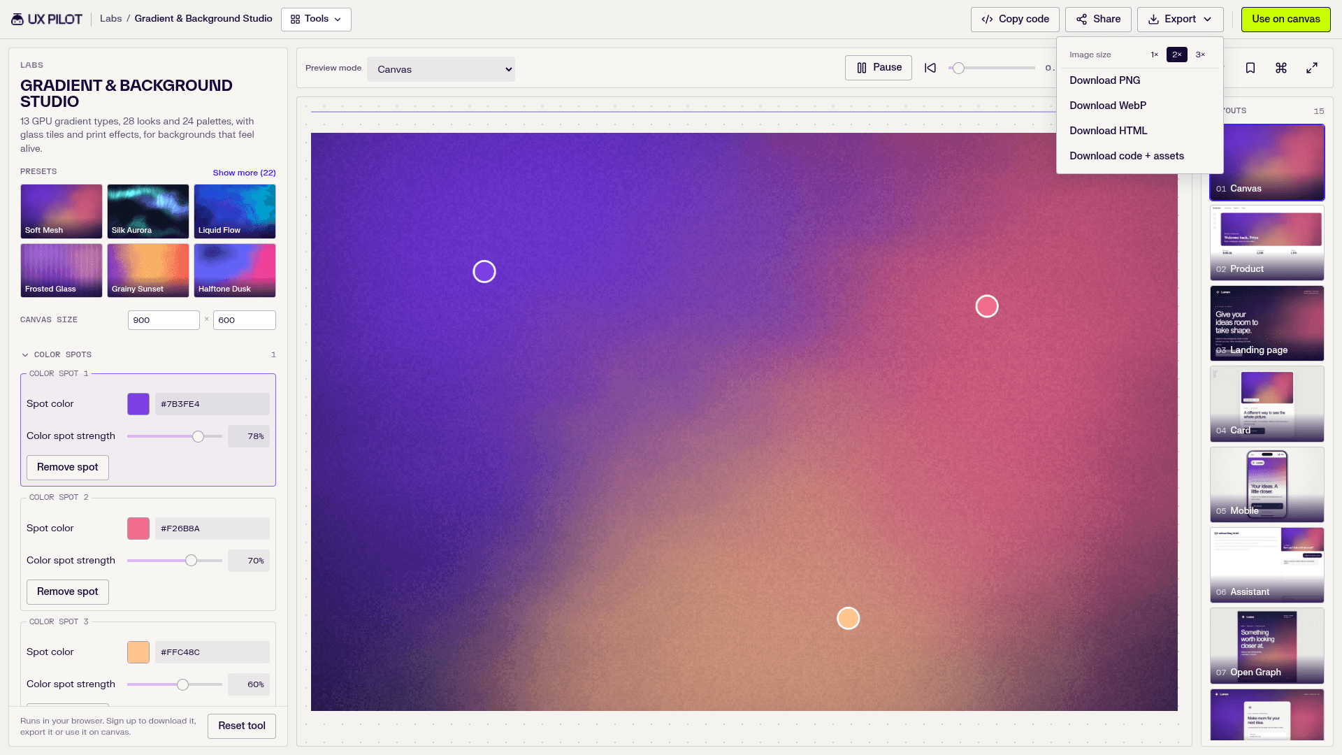 UX Pilot Labs export menu with PNG, WebP, HTML and code plus assets options