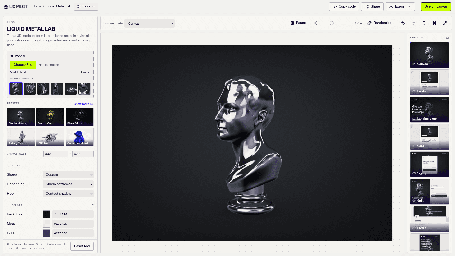 Liquid Metal Lab rendering a chrome marble bust