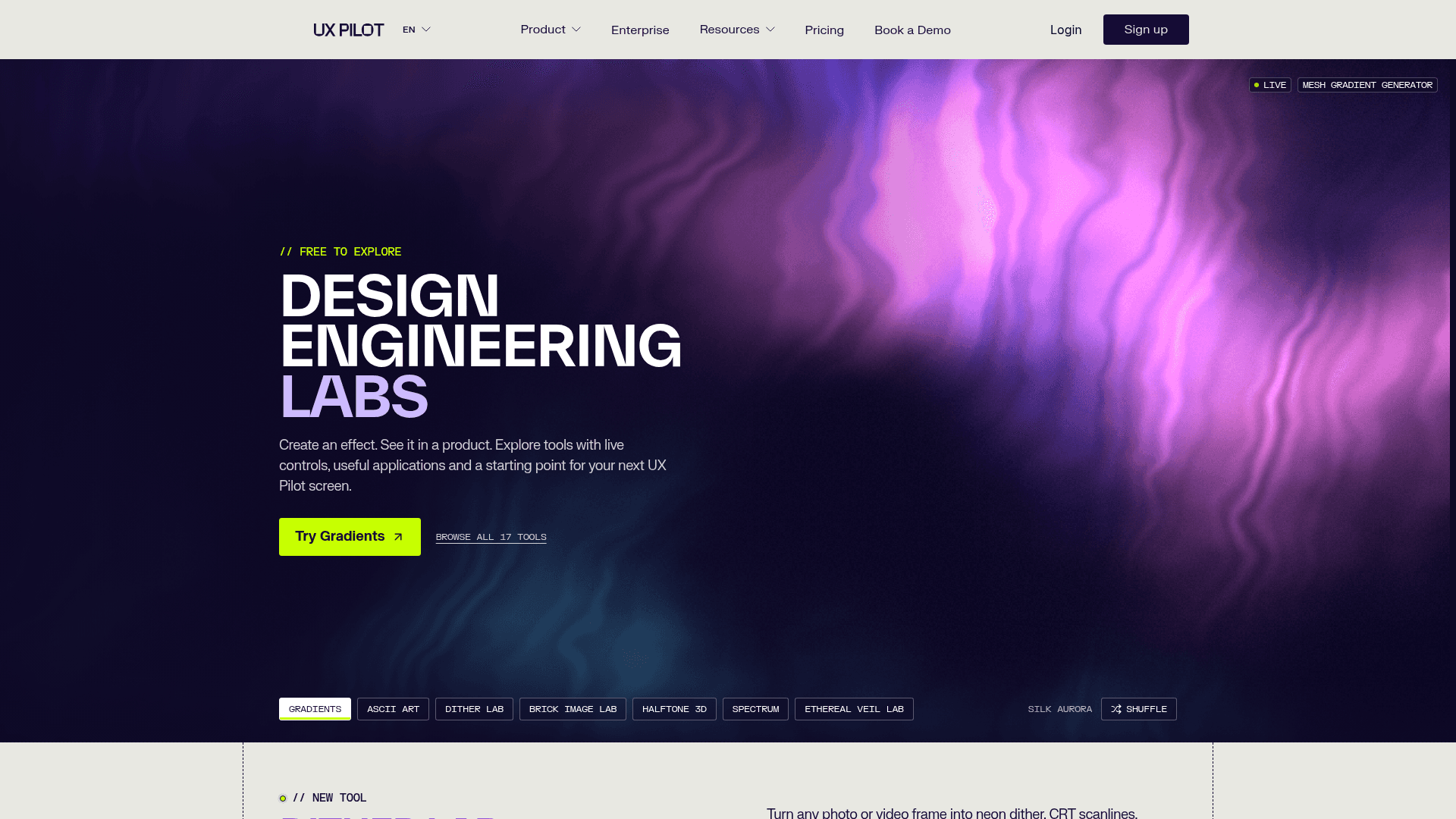 UX Pilot Labs hub page with the Design Engineering Labs hero and a live mesh gradient